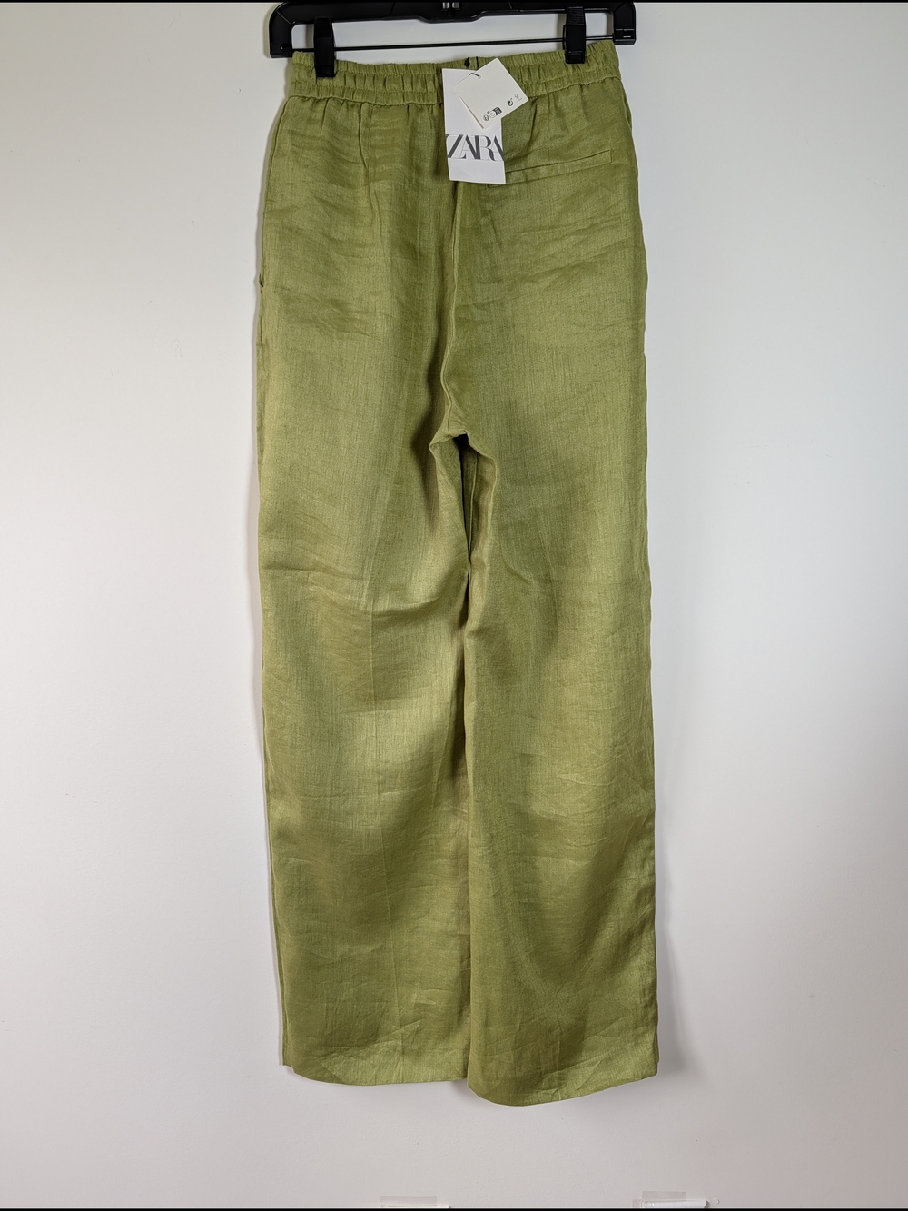 ZARA NWT 100% Linen Pajama Pants S Olive Green Wide Leg High Rise Elastic Waist - Picture 3 of 6